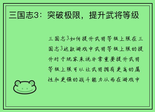 三国志3：突破极限，提升武将等级